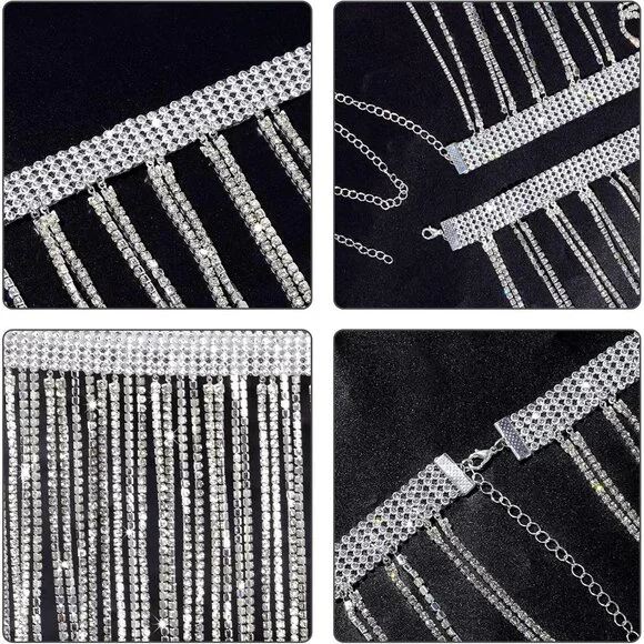 Silver Rhinestone Waist Chain Belt for Women, Festive Body Jewelry - Picture 4 of 7